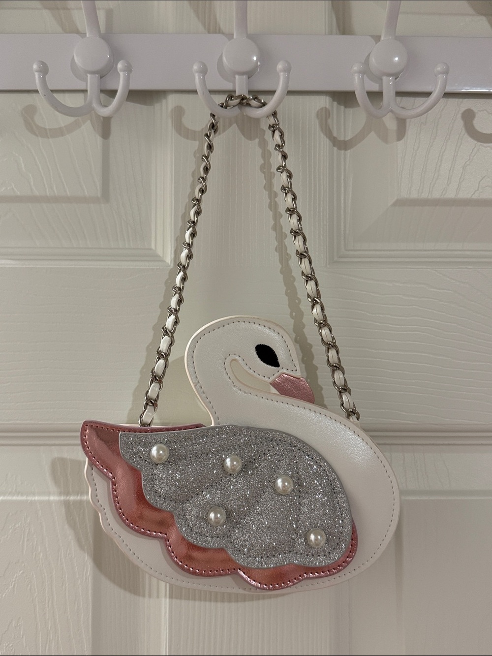 Janie & Jack White Swan Glitter Pearl Accent Bag